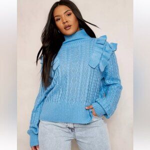 Boohoo plus cable knit ruffle sweater in beautiful bright blue